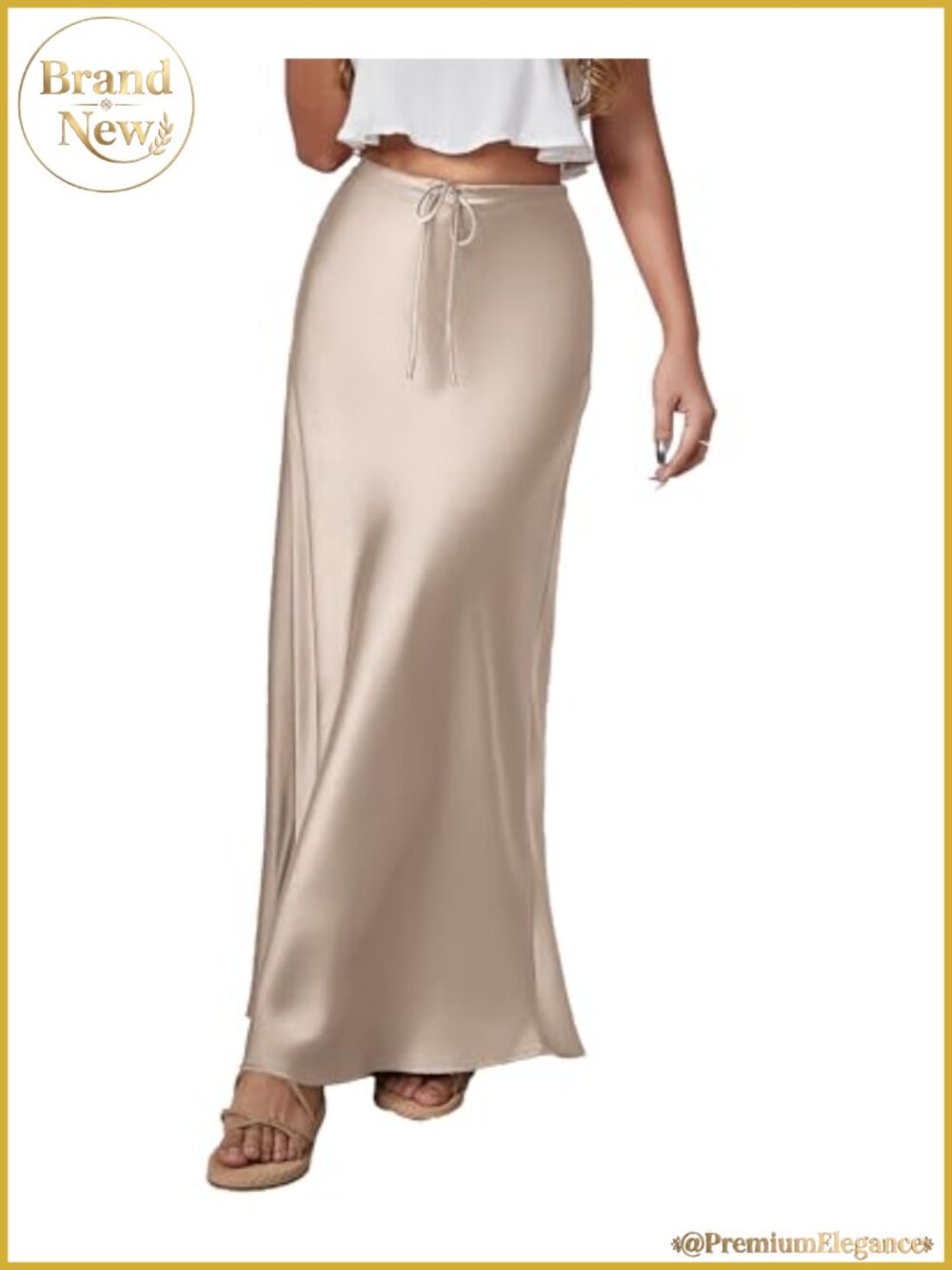 Satin A-Line Midi Skirt Flowy Side Split High Waist